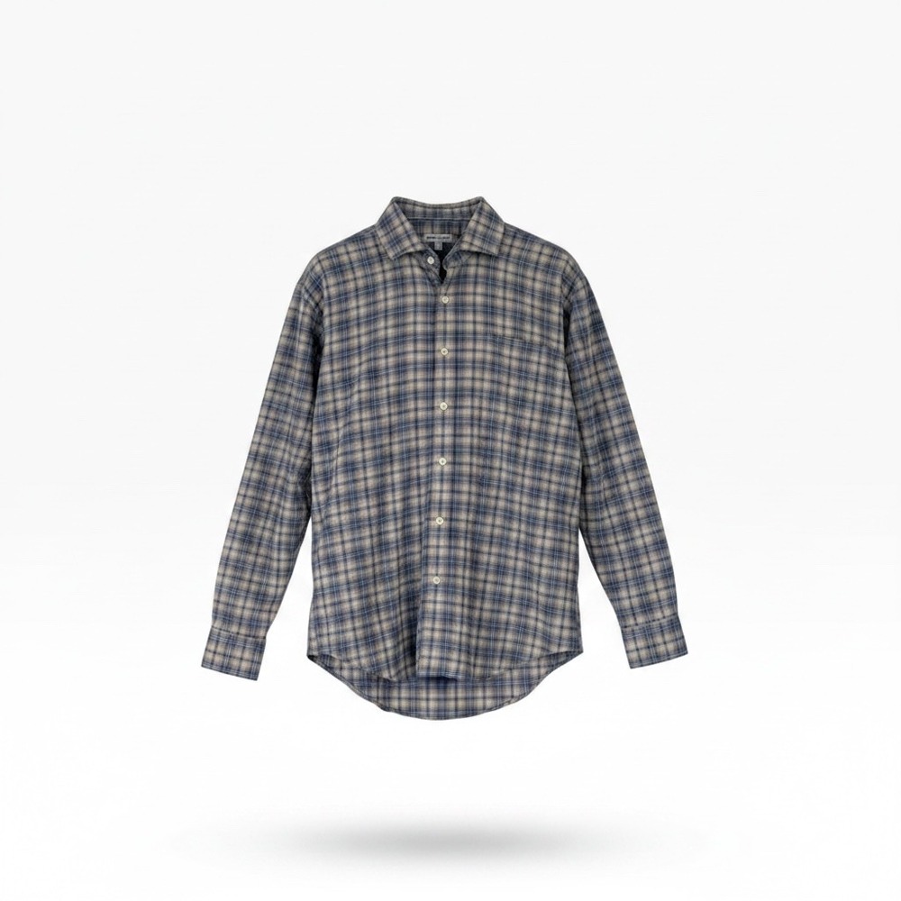 Peter Millar Mens Blue Tan Plaid Cotton Button Down Shirt Large L Long Sleeve